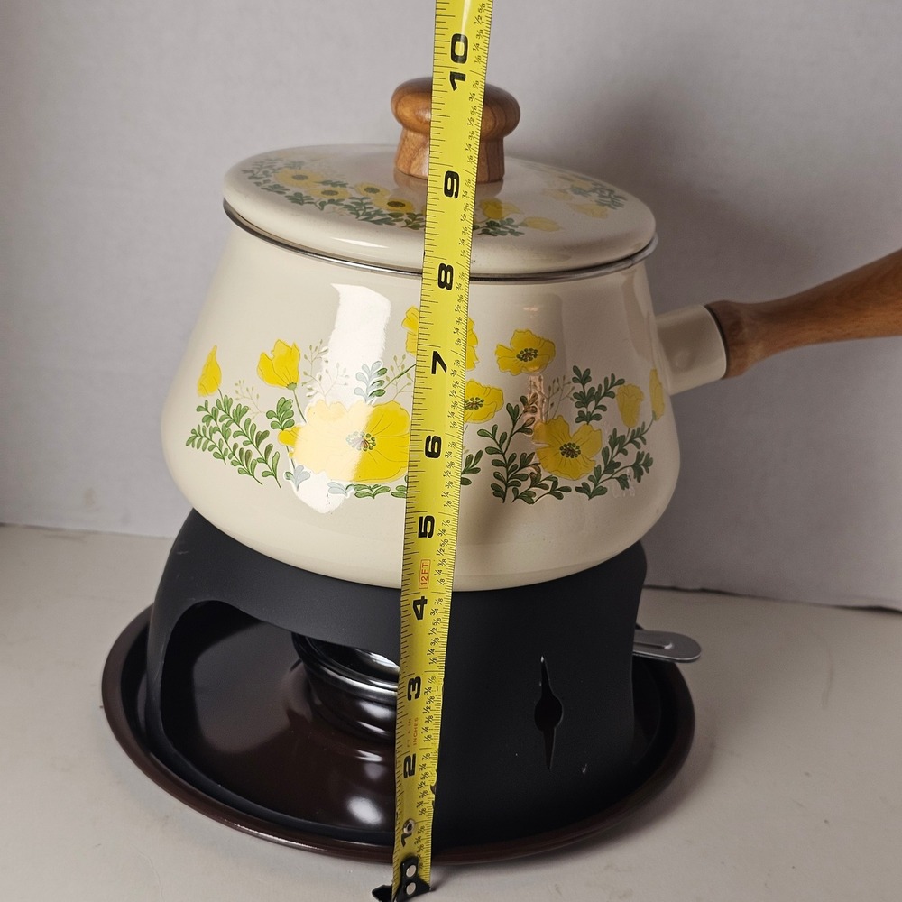MCM 1970s Enamel‎ Fondue Pot Cottagecore Yellow Floral Poppies Japan Analog - Picture 10 of 10